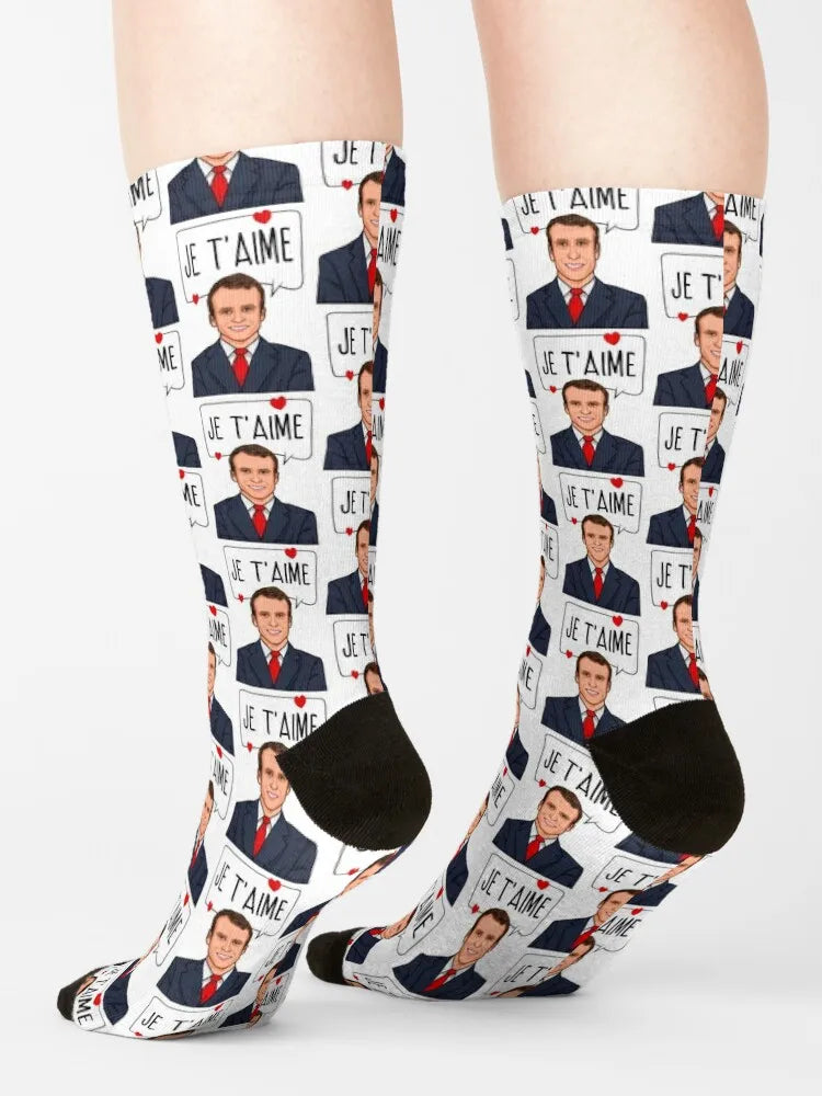 Chaussettes fantaisie Emmanuel Macron Je T'ARob, impression numérique à 360 °, chaussettes personnalisées, chaussettes unisexes pour adultes et adolescents, cadeau personnalisé pour jeunes