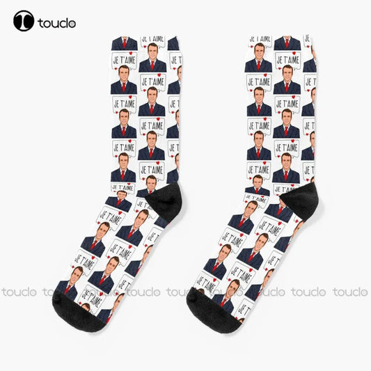 Chaussettes fantaisie Emmanuel Macron Je T'ARob, impression numérique à 360 °, chaussettes personnalisées, chaussettes unisexes pour adultes et adolescents, cadeau personnalisé pour jeunes